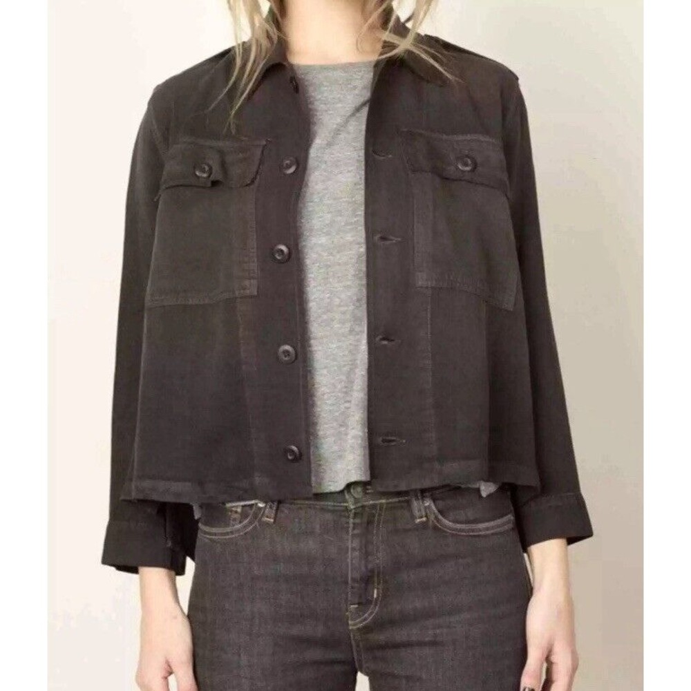 AMO Washed Black‎ Army Denim Button Down Shirt Shaket Jacket Size Medium M